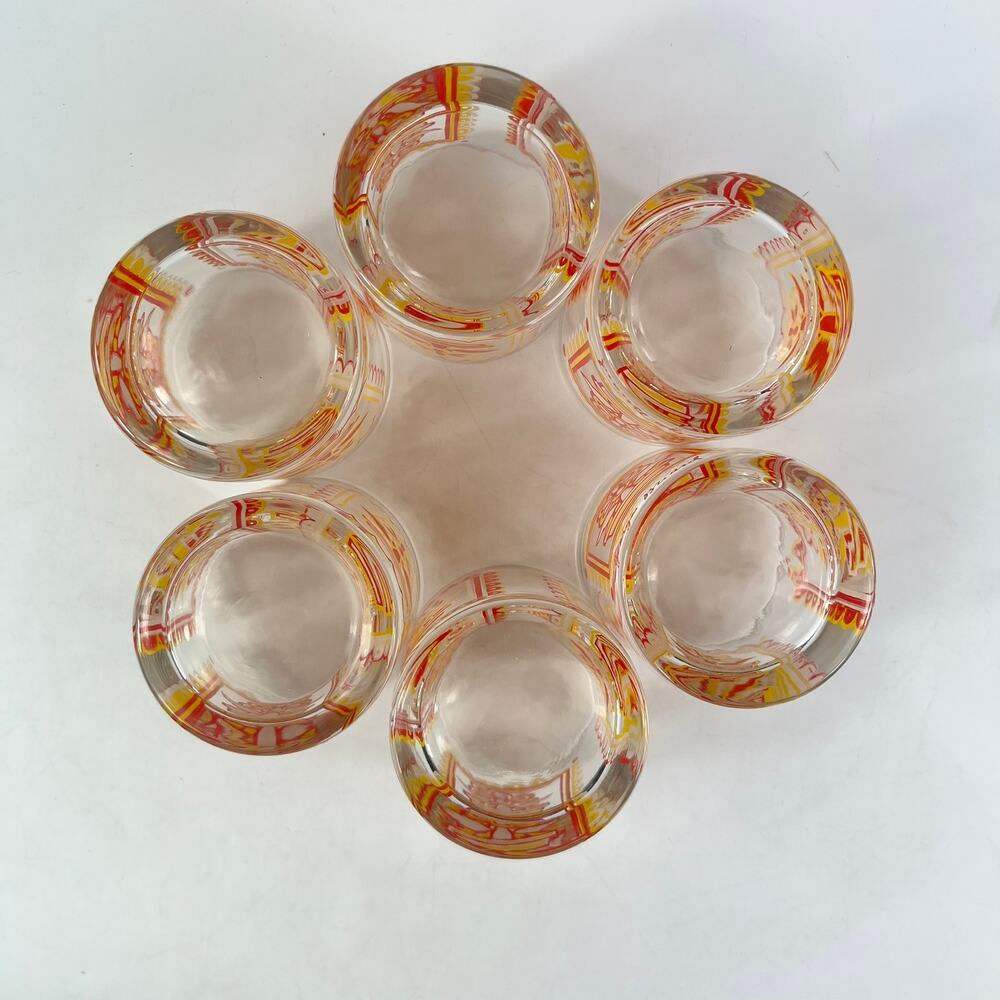 Georges Briard Mid-Century Lowball Glasses Set of 6 Red Yellow Flower Retro - Picture 3 of 7
